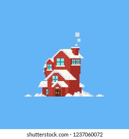 Pixel House With Snow.Christmas.8bit.