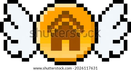Pixel housing coin with wings - vector, isolated