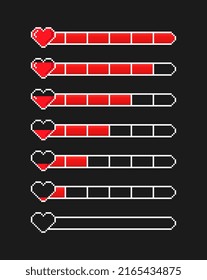 Pixel HP scale. Progress or regression in lives, graphic elements for games. Damage to main character, elements of interest, development of programs and apps. Cartoon flat vector illustration