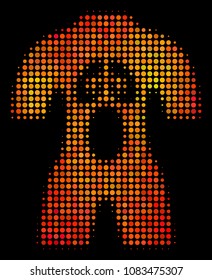 Pixel human anatomy icon. Bright pictogram in fire color hues on a black background. Vector halftone pattern of human anatomy icon formed with circle dots.