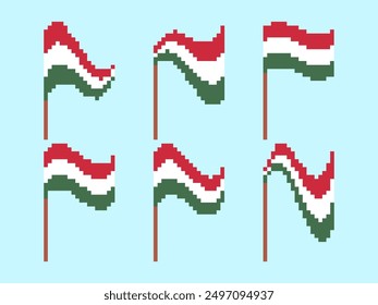 Pixel Hungary flag icon set isolated on white background. Waving flag of Hungary in 8-bit retro graphics style from the 80s. Design in pixel art style for banners and posters. Vector illustration
