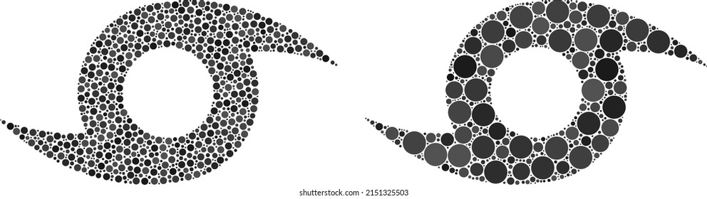 Pixel hurricane icon. Mosaic hurricane icon designed from spheric elements in different sizes and color tones. Vector spheric elements are grouped into illustration hurricane icon.