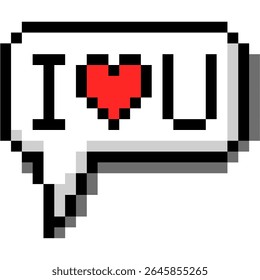 Pixel "I love U" in pixel bubble speech icon vector, featuring a retro 8-bit style. Ideal for digital affection, gaming communication, vintage messages, or nostalgic interface elements expressing love