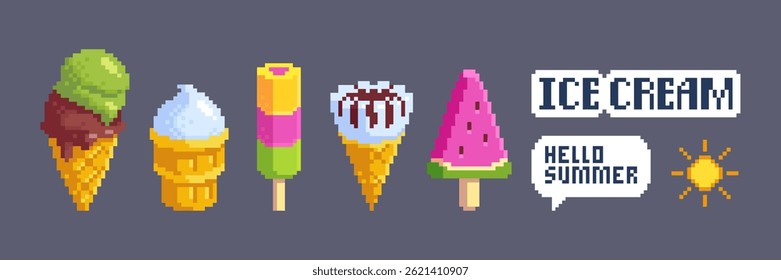 Ícones de sorvete de pixel definidos isolados no fundo. Ilustração vetorial de elementos de design de jogo retro, sol, chocolate doce, sobremesas de frutas, bolha de fala de verão hello, interface do usuário do computador antigo
