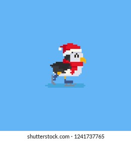 Pixel ice skater penguin with red scarf and hat.christmas.8bit.