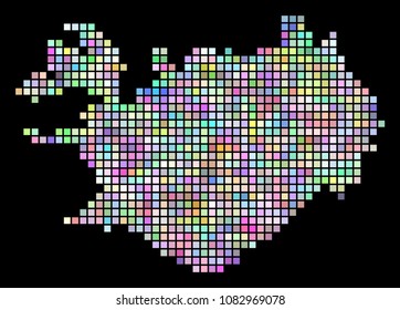 Pixel Iceland map. Vector geographic map in smoothed different colors on a black background. Vector composition of Iceland map made with regular square dots.