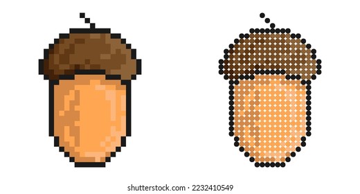 Pixel icon. Acorn nut. Oak grove. Simple retro game vector isolated on white background