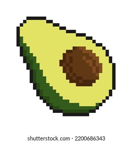 Icono de píxeles, fruto de aguacate cortado a la mitad con semilla en el medio. Fruta exótica. Vector de juego retro simple aislado en fondo blanco