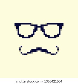 Pixel icon of beard and glasses. 8bit. Flat design.Fashion vector illustration for gift card certificate sticker, badge, sign, stamp, logo, label, icon,