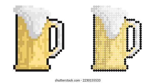 Pixel icon. Beer mug with foam. Oktoberfest 19 September. Alcoholic drinks, holiday. Simple retro game vector isolated on white background