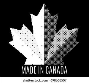 Pixel Icon black and white unique Canadian maple leaf. Made in Canada sign. Abstract mosaic shape. Isolated on dark background. Vector concept illustration logo design.