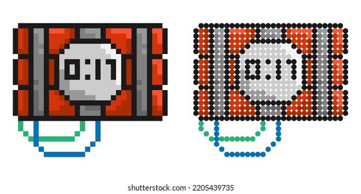 Pixelsymbol. Flaschenbündel mit Dynamit. Zeiger mit Uhr auf Sprengstoffe. Einfache Retro-Game-Vektorgrafik einzeln auf weißem Hintergrund