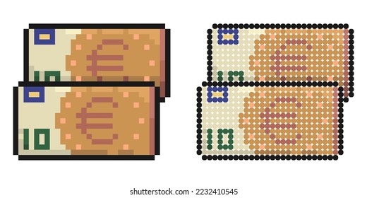 Pixel icon. Bundle of euro bills. Saving money and using cash. Simple retro game vector isolated on white background