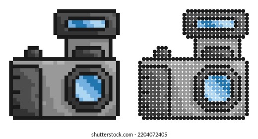 Pixel icon. Camera, equipment for photography and selfie. World Photography Day August 19th. Simple retro game vector isolated on white background