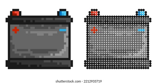 Pixel icon. Car battery icon with electric charge. Maintaining battery power. Service in car repair shop. Simple retro game vector isolated on white background