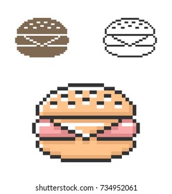 Pixel icon of cheeseburger in three variants. Fully editable  