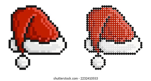 Pixel icon. Christmas cap, santa claus red hat. Clothes for New Year carnivals. Festive fancy dress. Simple retro game vector isolated on white background