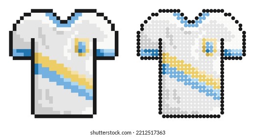 Pixel icon. Classic football player t shirt. Sports uniform of soccer player. Layout of athletes on field. Simple retro game vector isolated on white background