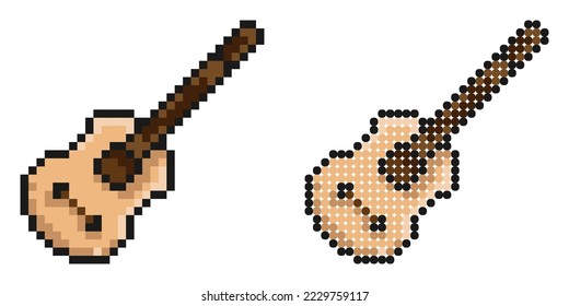 Pixelsymbol. Klassische sechs Saiten Gitarre, Musikinstrument. Gitarre spielen lernen. Einfache Retro-Game-Vektorgrafik einzeln auf weißem Hintergrund