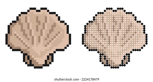 Pixel icon. Closed sea shell. Scallop, edible shellfish and seafood. Simple retro game vector isolated on white background