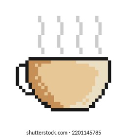 Pixel icon. Coffee cup with hot drink and steam. Morning invigorating tea for good mood. Simple retro game vector isolated on white background