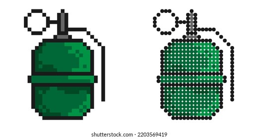 Pixelsymbol. Kämpfen Sie die defensive Granate mit Ring. Sprengkörper, Soldatenwaffe. Einfache Retro-Game-Vektorgrafik einzeln auf weißem Hintergrund
