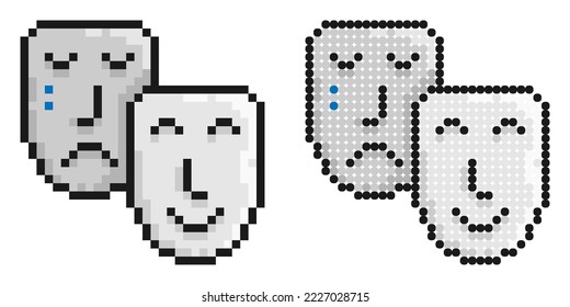 Pixel icon. Comedy and tragic theatrical masks together. Theatrical premieres, circus poster. Simple retro game vector isolated on white background