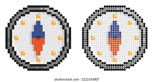 Pixel icon. Compass with arrow and scale. Travel, device for determining location and direction of tourist. Simple retro game vector isolated on white background