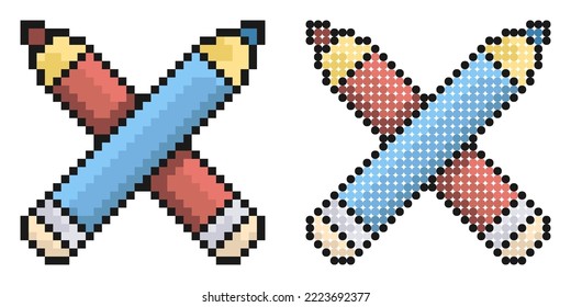 Pixel icon. Crossed school pencils. School stationery. Simple retro game vector isolated on white background
