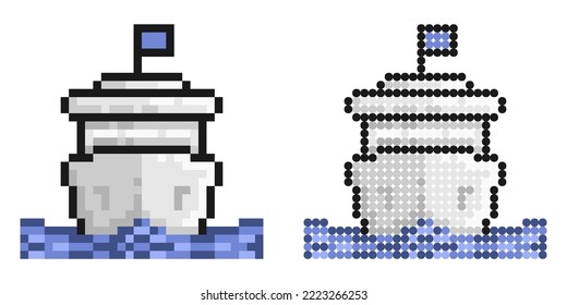 Pixel icon. Cruise ship for ocean voyages around the world. Multi deck liner for sea recreation. Simple retro game vector isolated on white background