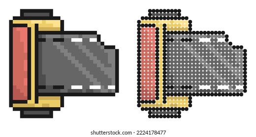 Pixel icon. Cylinder with old 35 mm photo film. World Photography Day August 19th. Simple retro game vector isolated on white background