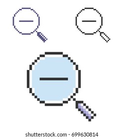 Pixel icon of decrease magnifying glass in three variants. Fully editable