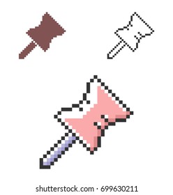 Pixel icon of drawing pin in three variants. Fully editable