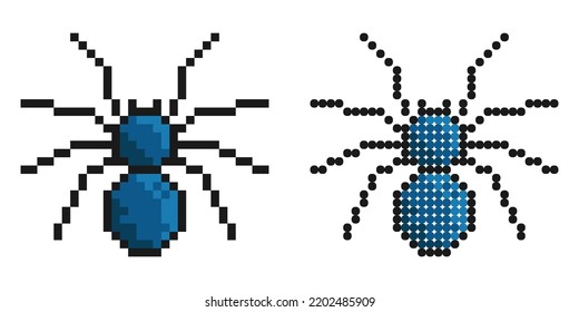 Pixel icon. Eight legged poisonous spider. Dangerous insect pests. Simple retro game vector isolated on white background
