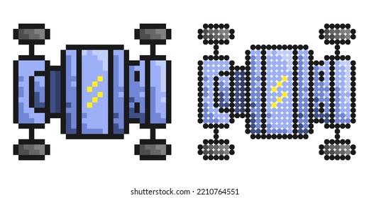 Pixel icon. Electric vehicle platform. Electric vehicle chassis with batteries. Simple retro game vector isolated on white background