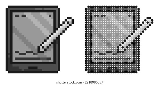 Pixel icon. Electronic pen digitally signs tablet screen. Using digital signatures for electronic documents. Simple retro game vector isolated on white background