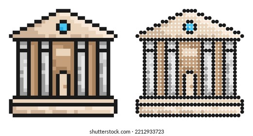 Pixel Icon. Facade Of University Building. Exterior Of School House. Simple Retro Game Vector Isolated On White Background