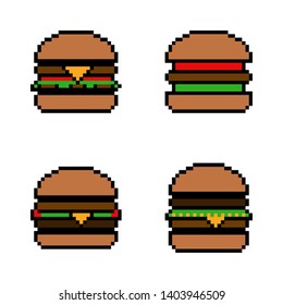 Pixel icon. Fast food icon set. Pixelated burger, hamburger or cheeseburger logo. 