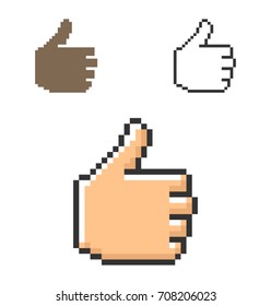 Pixel icon of fist with raised thumb in three variants. Fully editable