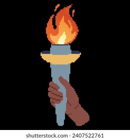 Pixel icon. Flaming torchs. Cartoon hand holding a torch withe flame. Burning fire or flame. Sport fire sign. Athletic, champion, sports game or freedom torches with flames.