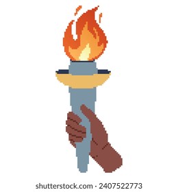 Pixel icon. Flaming torchs. Cartoon hand holding a torch withe flame. Burning fire or flame. Sport fire sign. Athletic, champion, sports game or freedom torches with flames.