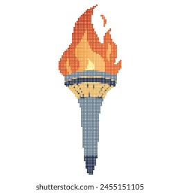 Pixel icon. Flaming torchs. Pixel torch withe flame. Burning fire or flame. Sport fire sign. Athletic, champion, sports game or freedom torches with flames icon.