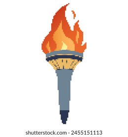 Pixel icon. Flaming torchs. Pixel torch withe flame. Burning fire or flame. Sport fire sign. Athletic, champion, sports game or freedom torches with flames icon.