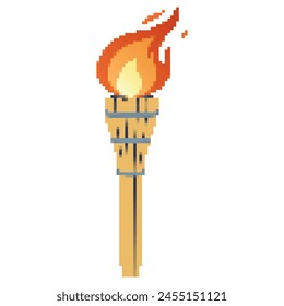 Pixel icon. Flaming torchs. Pixel torch withe flame. Burning fire or flame. Sport fire sign. Athletic, champion, sports game or freedom torches with flames icon.