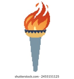 Pixel icon. Flaming torchs. Pixel torch withe flame. Burning fire or flame. Sport fire sign. Athletic, champion, sports game or freedom torches with flames icon.