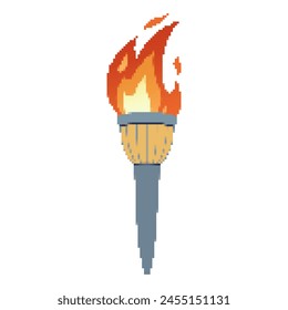 Pixel icon. Flaming torchs. Pixel torch withe flame. Burning fire or flame. Sport fire sign. Athletic, champion, sports game or freedom torches with flames icon.