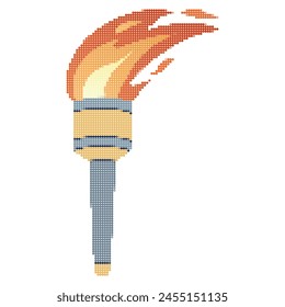 Pixel icon. Flaming torchs. Pixel torch withe flame. Burning fire or flame. Sport fire sign. Athletic, champion, sports game or freedom torches with flames icon.