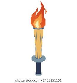 Pixel icon. Flaming torchs. Pixel torch withe flame. Burning fire or flame. Sport fire sign. Athletic, champion, sports game or freedom torches with flames icon.