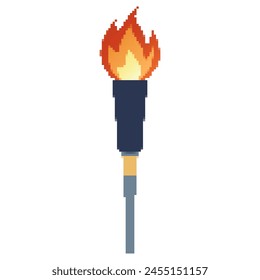 Pixel icon. Flaming torchs. Pixel torch withe flame. Burning fire or flame. Sport fire sign. Athletic, champion, sports game or freedom torches with flames icon.