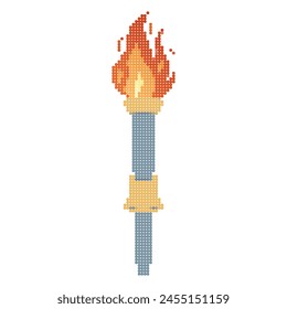 Pixel icon. Flaming torchs. Pixel torch withe flame. Burning fire or flame. Sport fire sign. Athletic, champion, sports game or freedom torches with flames icon.